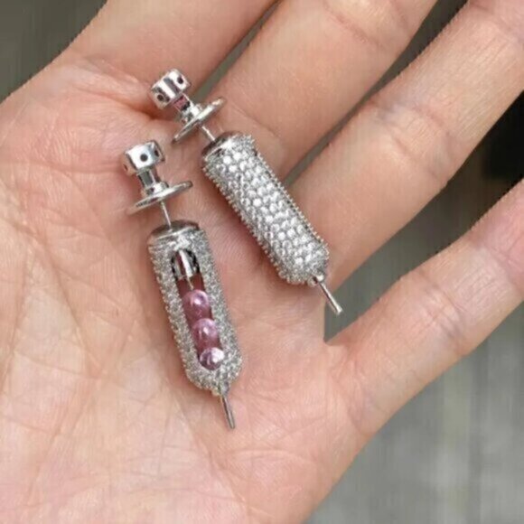 Punk Style Unique Dangle Earrings, Rhinestone Embellished - Picture 3 of 9